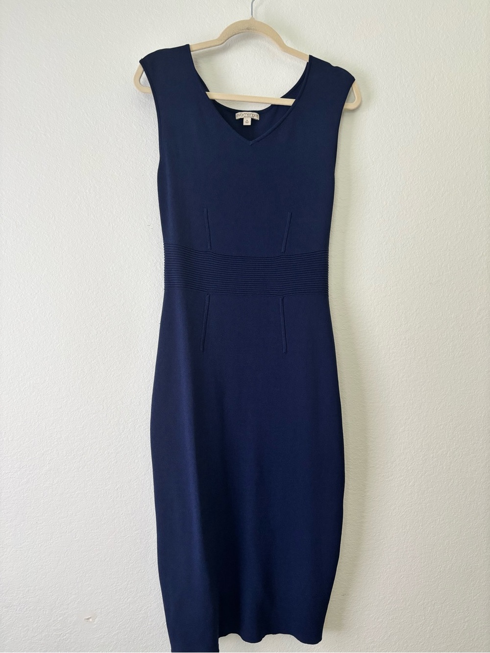 eva mendes for New York & Company Navy V‑Neck Midi Sheath Dress
